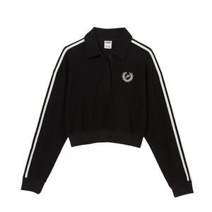 Victoria’s Secret pink Reverse Fleece Cropped Logo Sweatshirt. color is navy.